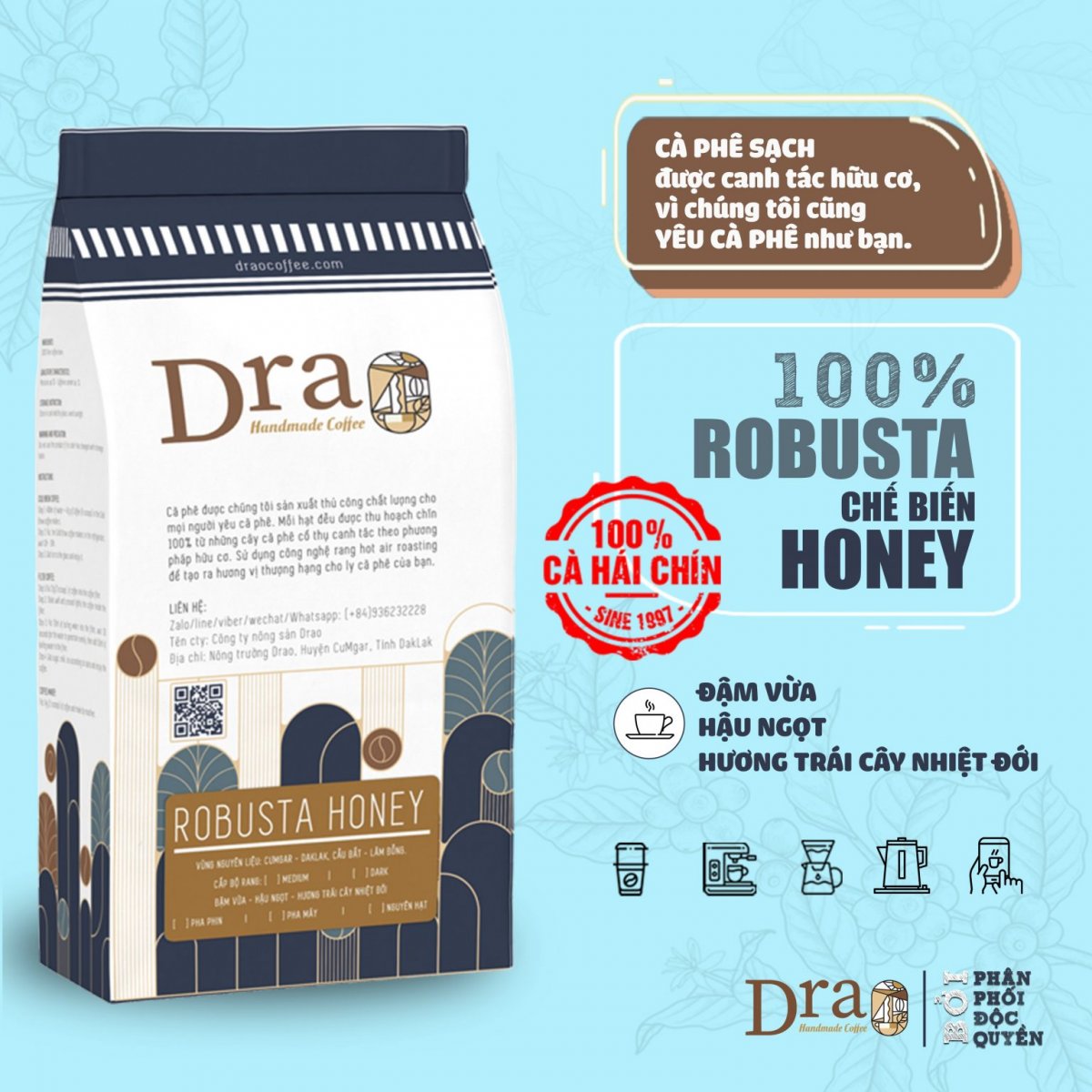 Cà phê Drao ROBUSTA- HONEY vàng 250g(gói) - DRAO